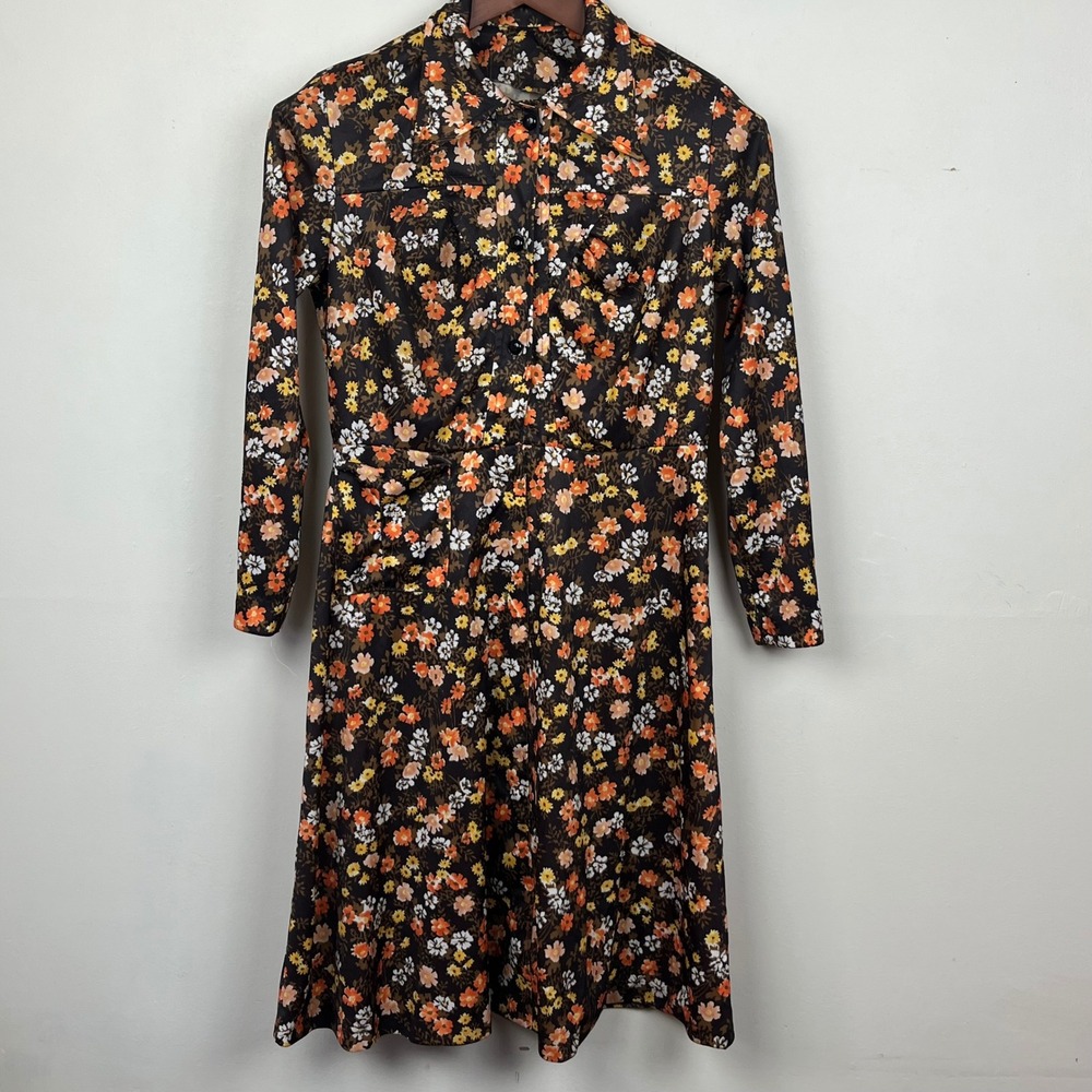 Vintage Floral Long Sleeve Mini Dress S Black Orange Cottagecore Retro-vibe